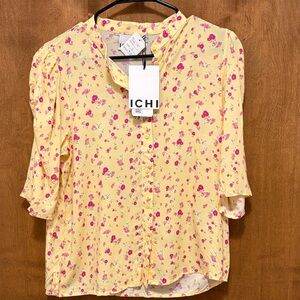 544. Ichi Yellow Floral Button-Front Women's Blouse